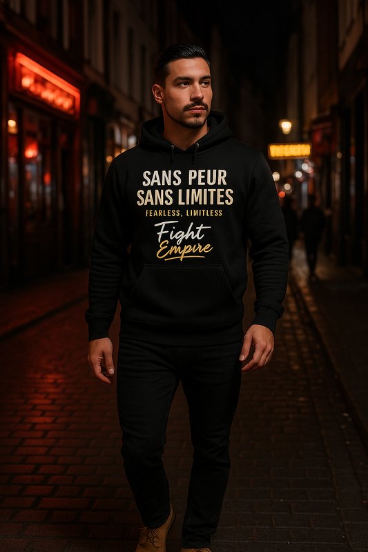 Pull à Capuche Noir – Édition Sans Peur, Sans Limites (Blanc/Orange)